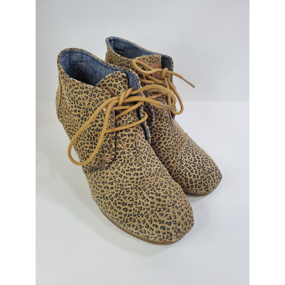 Toms Wedge‎ Shoes Womens 8.5 Suede Ankle Booties Cheetah Leopard Print Lace Up